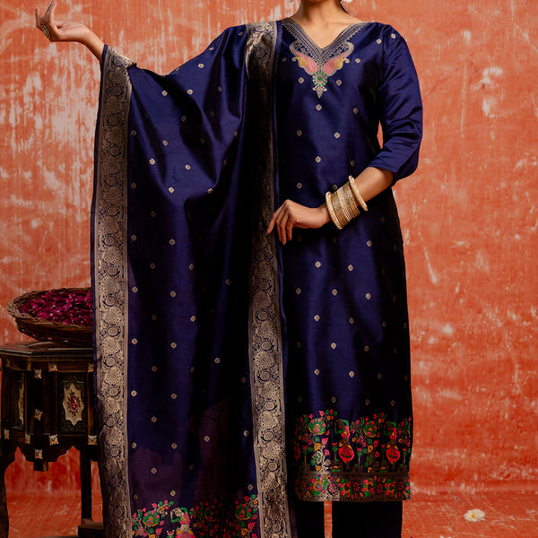 Vellora Cotton Silk Blend Navy Blue Party Wear Zari Work Readymade Salwar Suit