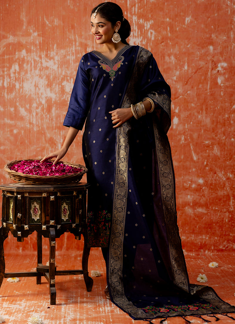 Vellora Cotton Silk Blend Navy Blue Party Wear Zari Work Readymade Salwar Suit