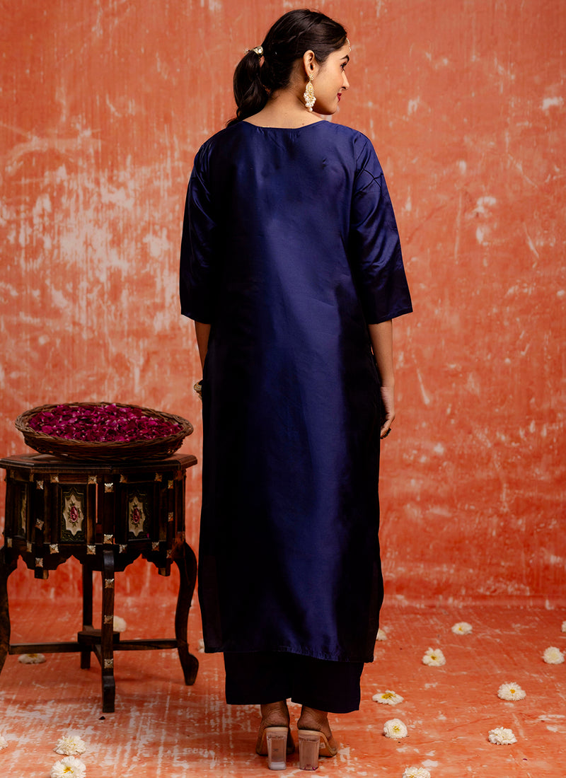 Vellora Cotton Silk Blend Navy Blue Party Wear Zari Work Readymade Salwar Suit