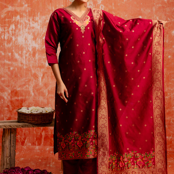 Vellora Cotton Silk Blend Red Party Wear Zari Work Readymade Salwar Suit
