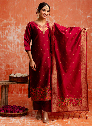 Vellora Cotton Silk Blend Red Party Wear Zari Work Readymade Salwar Suit