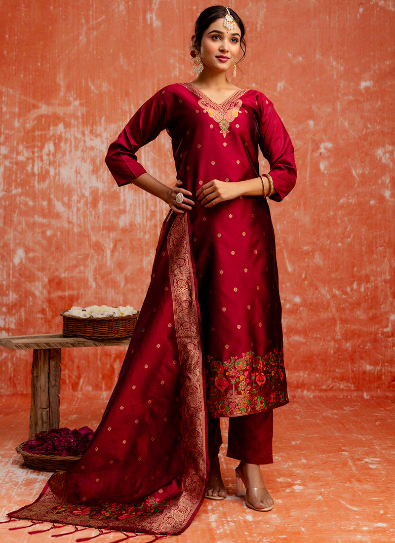 Vellora Cotton Silk Blend Red Party Wear Zari Work Readymade Salwar Suit