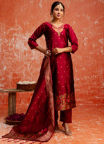 Thumbnail for Vellora Cotton Silk Blend Red Party Wear Zari Work Readymade Salwar Suit