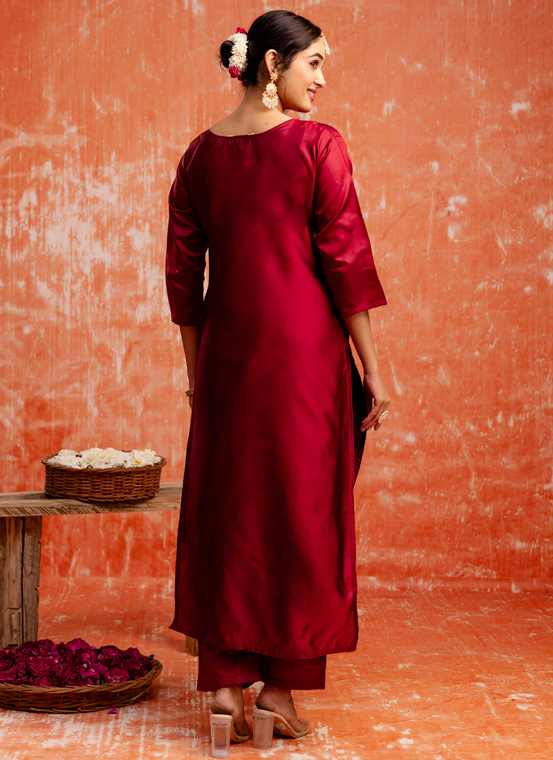 Vellora Cotton Silk Blend Red Party Wear Zari Work Readymade Salwar Suit