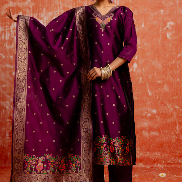 Vellora Cotton Silk Blend Wine Party Wear Zari Work Readymade Salwar Suit - Distacart