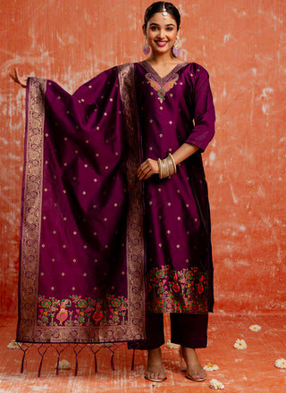 Vellora Cotton Silk Blend Wine Party Wear Zari Work Readymade Salwar Suit