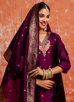 Thumbnail for Vellora Cotton Silk Blend Wine Party Wear Zari Work Readymade Salwar Suit