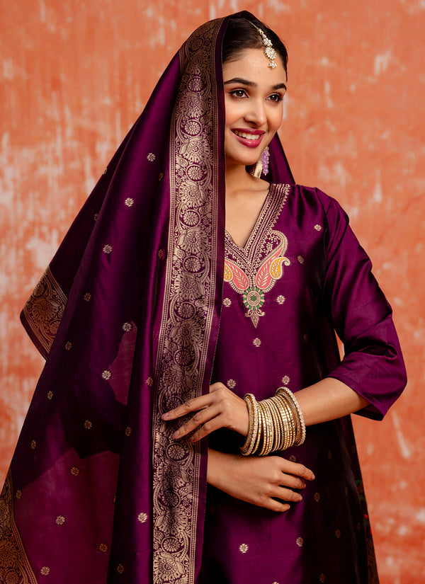 Vellora Cotton Silk Blend Wine Party Wear Zari Work Readymade Salwar Suit