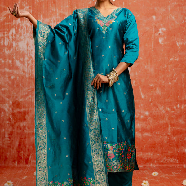 Vellora Cotton Silk Blend Rama Party Wear Zari Work Readymade Salwar Suit