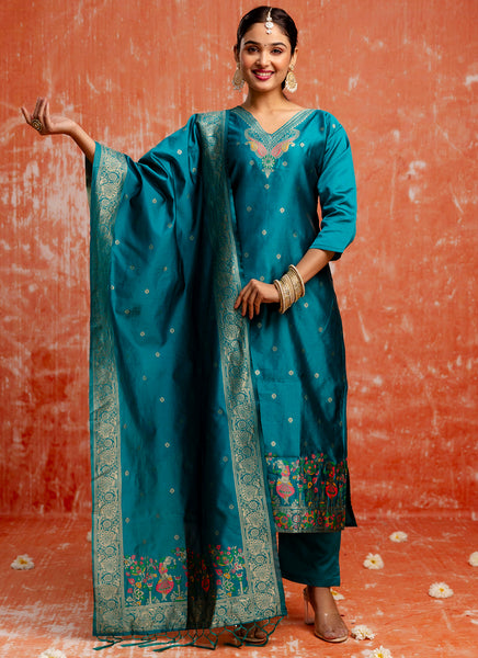 Vellora Cotton Silk Blend Rama Party Wear Zari Work Readymade Salwar Suit