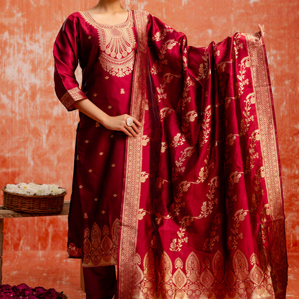 Vellora Cotton Silk Blend Red Party Wear Zari Work Readymade Salwar Suit - Distacart