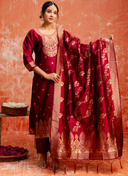 Vellora Cotton Silk Blend Red Party Wear Zari Work Readymade Salwar Suit