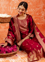 Thumbnail for Vellora Cotton Silk Blend Red Party Wear Zari Work Readymade Salwar Suit