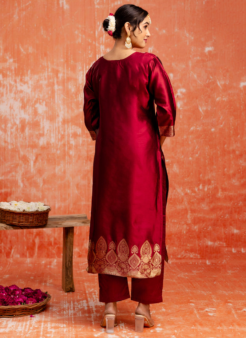 Vellora Cotton Silk Blend Red Party Wear Zari Work Readymade Salwar Suit