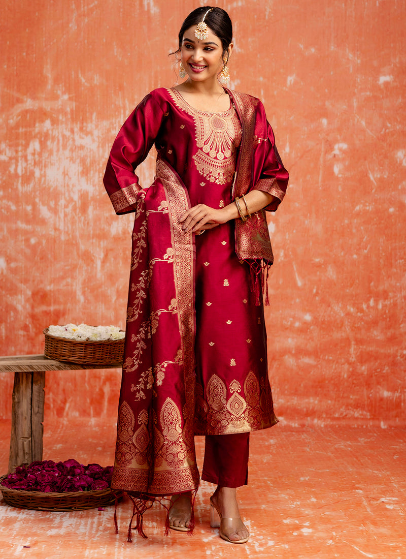 Vellora Cotton Silk Blend Red Party Wear Zari Work Readymade Salwar Suit