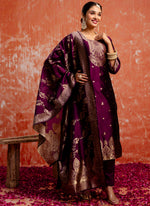 Thumbnail for Vellora Cotton Silk Blend Wine Party Wear Zari Work Readymade Salwar Suit