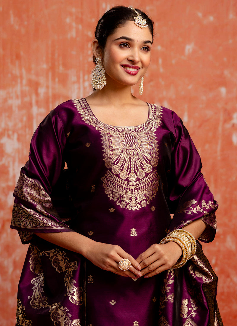 Vellora Cotton Silk Blend Wine Party Wear Zari Work Readymade Salwar Suit