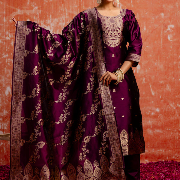 Vellora Cotton Silk Blend Wine Party Wear Zari Work Readymade Salwar Suit