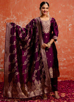 Thumbnail for Vellora Cotton Silk Blend Wine Party Wear Zari Work Readymade Salwar Suit