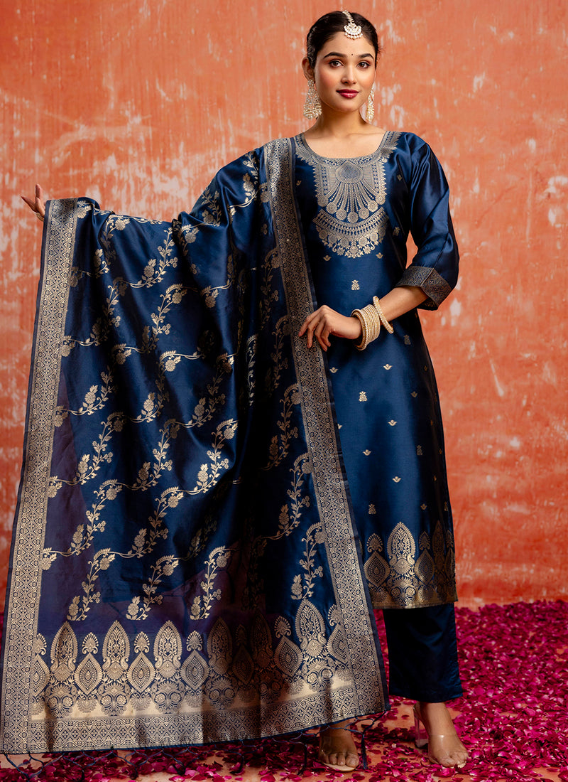 Vellora Cotton Silk Blend Navy Blue Party Wear Zari Work Readymade Salwar Suit
