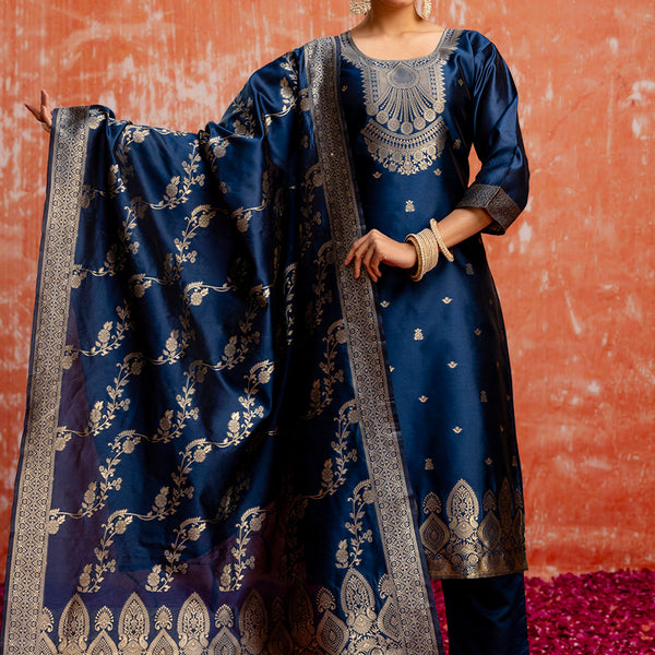 Vellora Cotton Silk Blend Navy Blue Party Wear Zari Work Readymade Salwar Suit - Distacart