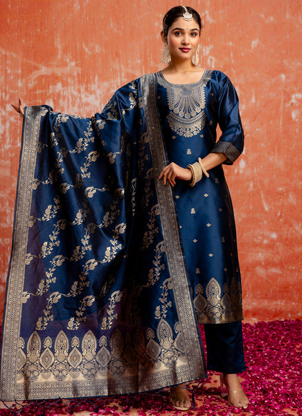 Vellora Cotton Silk Blend Navy Blue Party Wear Zari Work Readymade Salwar Suit