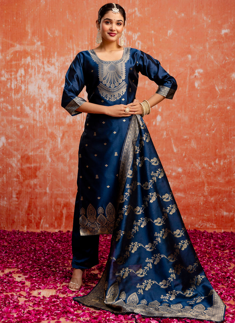 Vellora Cotton Silk Blend Navy Blue Party Wear Zari Work Readymade Salwar Suit