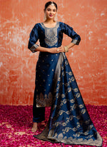 Thumbnail for Vellora Cotton Silk Blend Navy Blue Party Wear Zari Work Readymade Salwar Suit