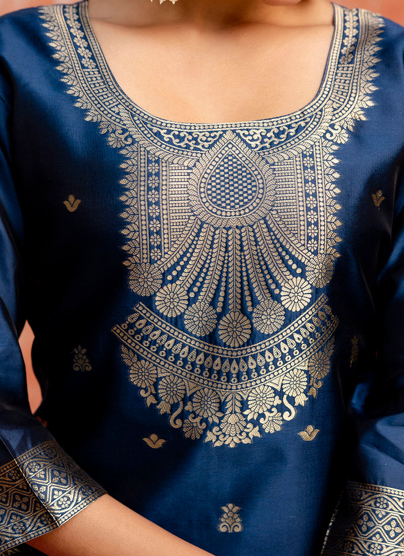 Vellora Cotton Silk Blend Navy Blue Party Wear Zari Work Readymade Salwar Suit