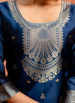 Thumbnail for Vellora Cotton Silk Blend Navy Blue Party Wear Zari Work Readymade Salwar Suit
