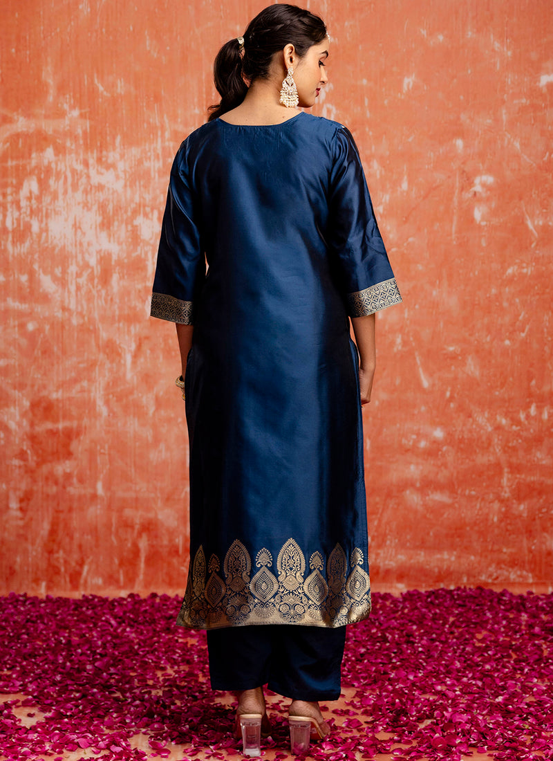 Vellora Cotton Silk Blend Navy Blue Party Wear Zari Work Readymade Salwar Suit