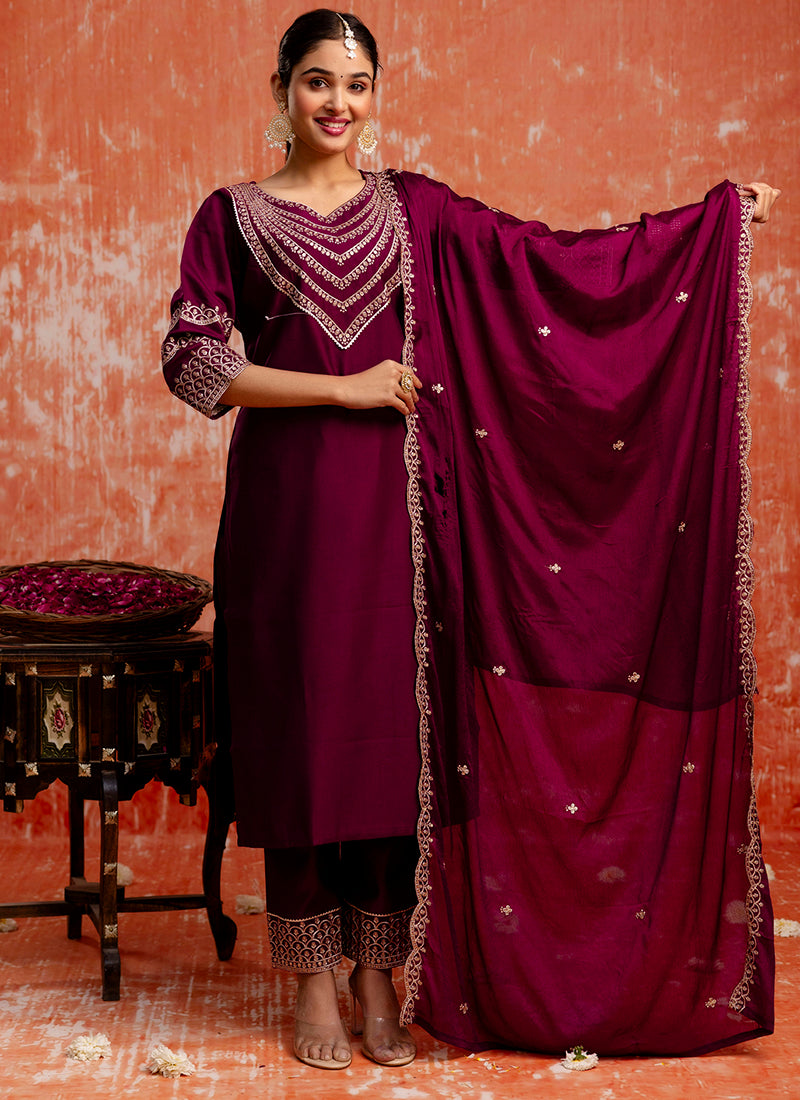Vellora Viscose Rayon Wine Casual Wear Embroidery Work Readymade Salwar Suit