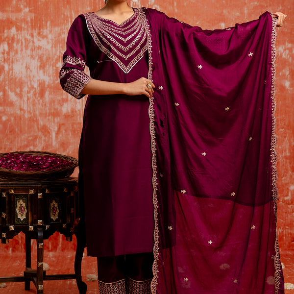 Vellora Viscose Rayon Wine Casual Wear Embroidery Work Readymade Salwar Suit - Distacart