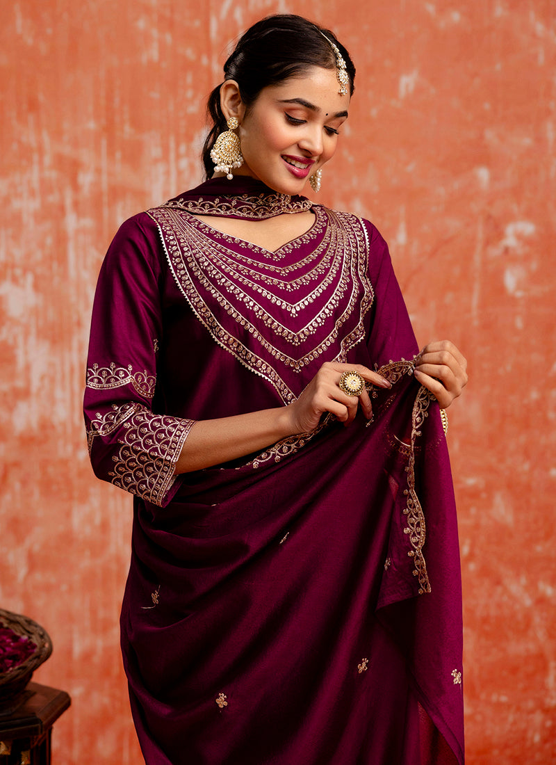 Vellora Viscose Rayon Wine Casual Wear Embroidery Work Readymade Salwar Suit