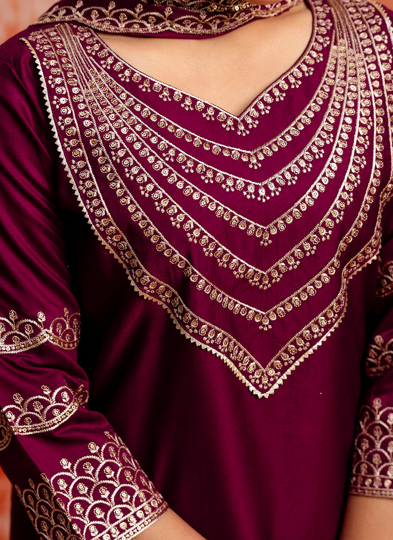 Vellora Viscose Rayon Wine Casual Wear Embroidery Work Readymade Salwar Suit