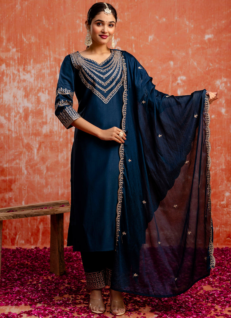 Vellora Viscose Rayon Navy Blue Casual Wear Embroidery Work Readymade Salwar Suit