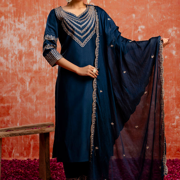 Vellora Viscose Rayon Navy Blue Casual Wear Embroidery Work Readymade Salwar Suit - Distacart