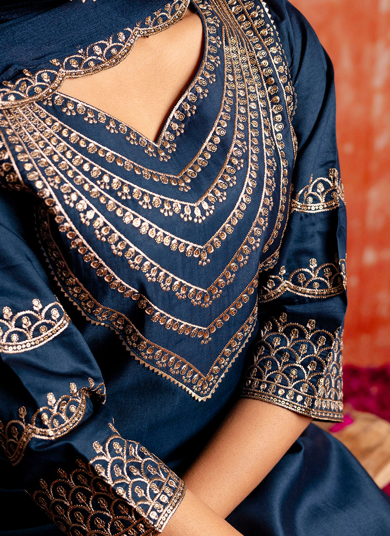 Vellora Viscose Rayon Navy Blue Casual Wear Embroidery Work Readymade Salwar Suit