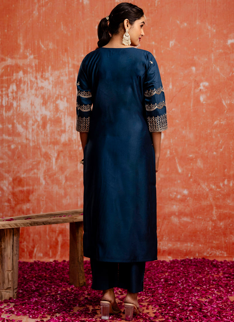 Vellora Viscose Rayon Navy Blue Casual Wear Embroidery Work Readymade Salwar Suit