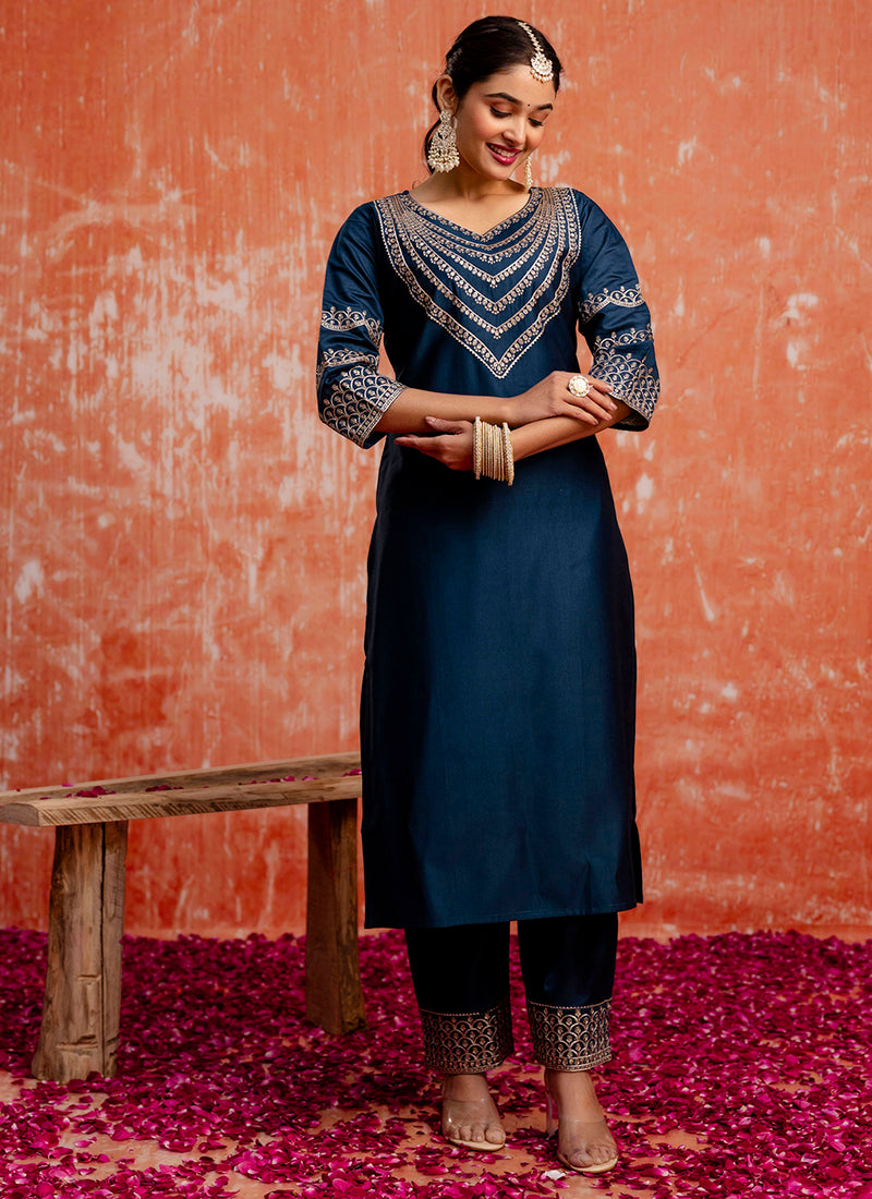 Vellora Viscose Rayon Navy Blue Casual Wear Embroidery Work Readymade Salwar Suit