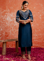 Thumbnail for Vellora Viscose Rayon Navy Blue Casual Wear Embroidery Work Readymade Salwar Suit