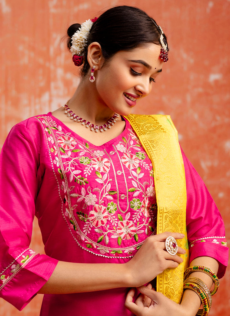 Vellora Silk Blend Rani Pink Festival Wear Embroidery Work Readymade Salwar Suit