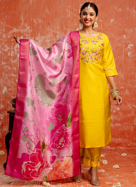 Vellora Silk Blend Yellow Festival Wear Embroidery Work Readymade Salwar Suit