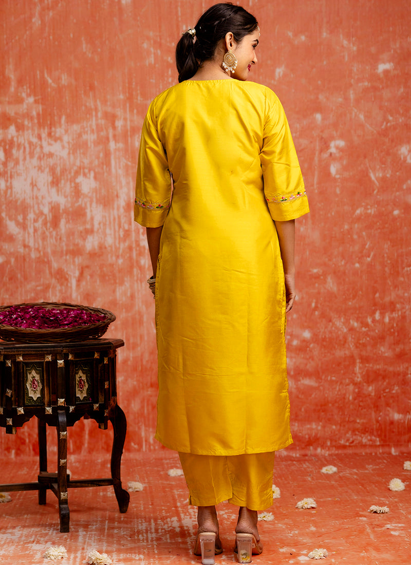 Vellora Silk Blend Yellow Festival Wear Embroidery Work Readymade Salwar Suit