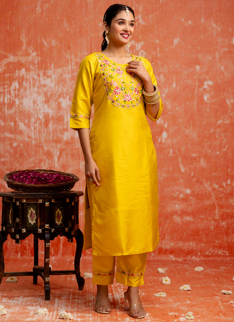 Vellora Silk Blend Yellow Festival Wear Embroidery Work Readymade Salwar Suit