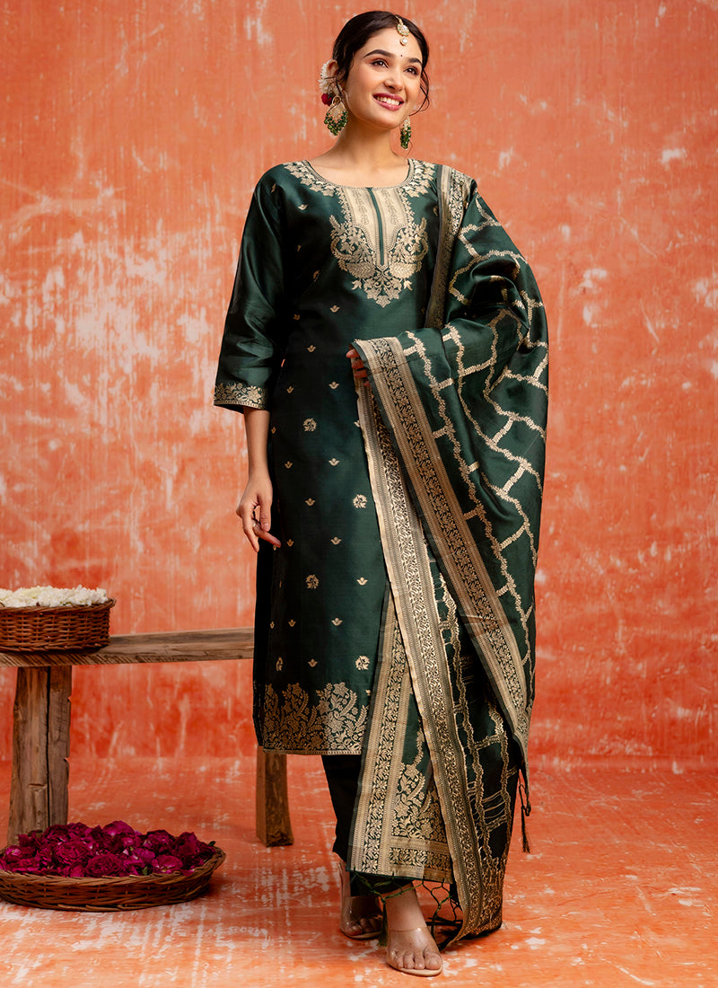Vellora Cotton Silk Blend Dark Green Party Wear Zari Work Readymade Salwar Suit