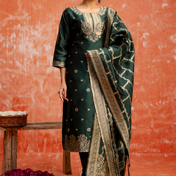 Vellora Cotton Silk Blend Dark Green Party Wear Zari Work Readymade Salwar Suit