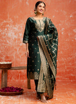 Thumbnail for Vellora Cotton Silk Blend Dark Green Party Wear Zari Work Readymade Salwar Suit