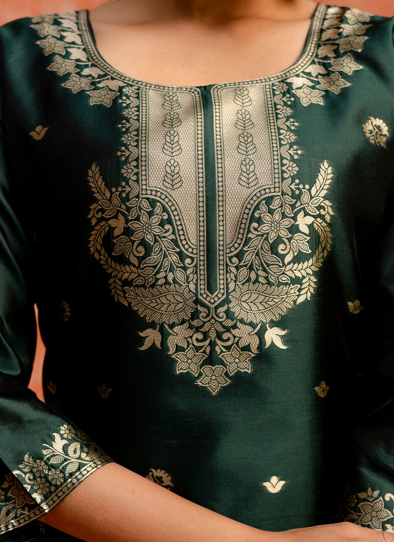 Vellora Cotton Silk Blend Dark Green Party Wear Zari Work Readymade Salwar Suit