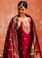 Thumbnail for Vellora Cotton Silk Blend Red Party Wear Zari Work Readymade Salwar Suit